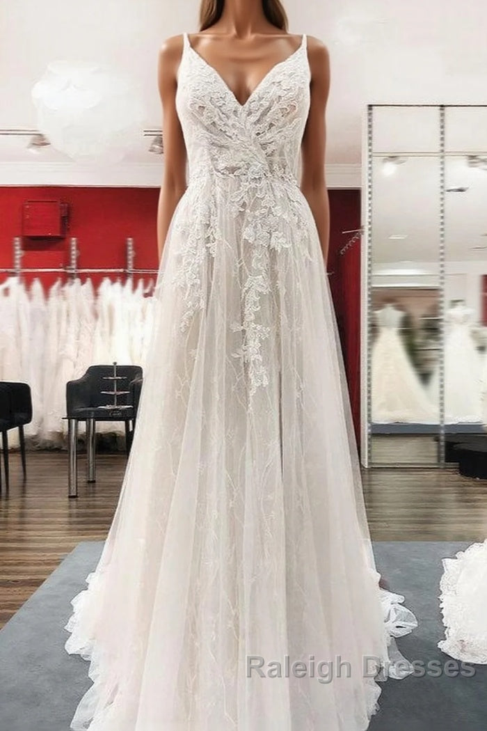 Graceful Long A-line Tulle V-neck Lace Backless Wedding Dresses