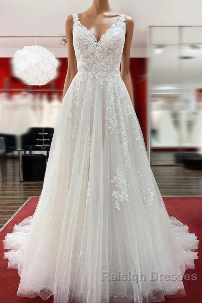 Graceful Long A Line Tulle V Neck Lace Open Back Wedding Dress Main image