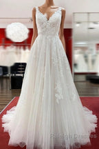 Graceful Long A Line Tulle V Neck Lace Open Back Wedding Dress