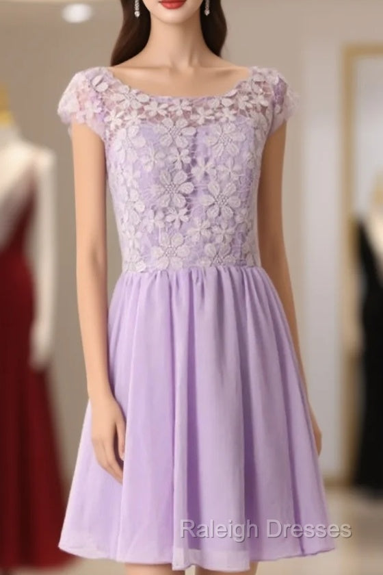 Graceful Purple Lace Round Neckline Short Prom Dresses Purple Bridesmaid dresses Graduation Dresses