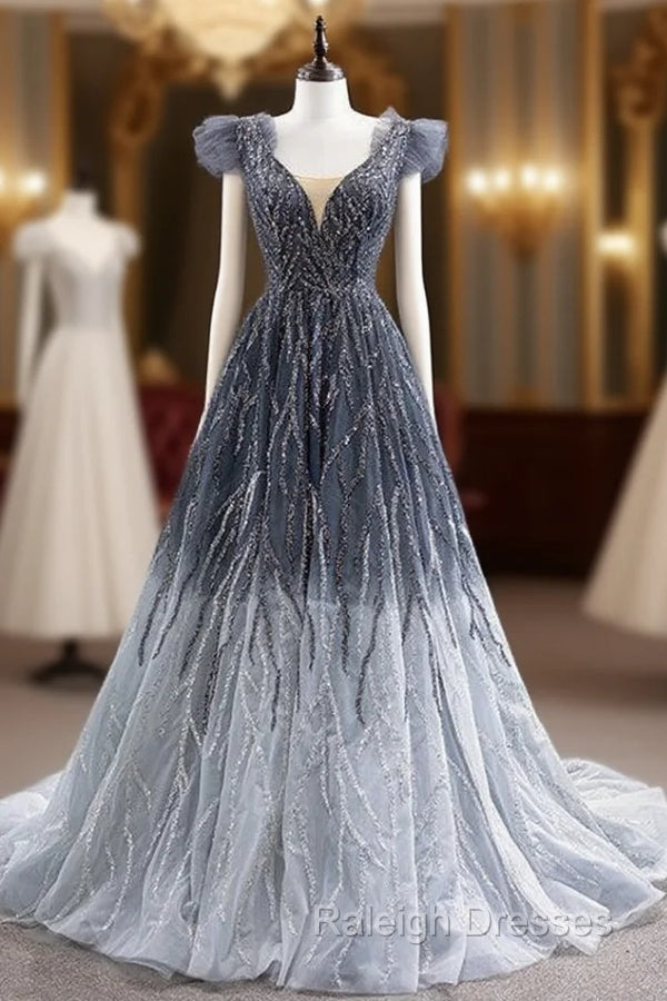 Gradation Gray Tulle V Neck Beading Prom Dress