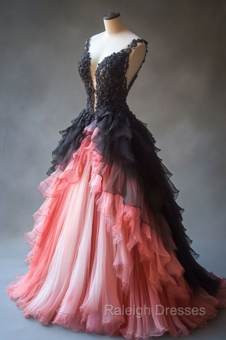Gradient A-Line Tulle Lace Deep V Neck Long Prom Dresses, Layered Beaded Prom Dress