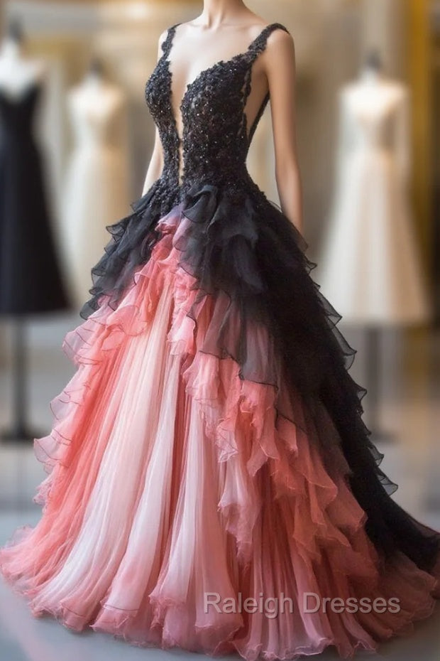 Gradient A-Line Tulle Lace Deep V Neck Long Prom Dresses, Layered Beaded Evening Dress Main image