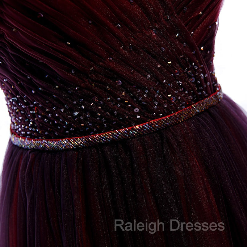 Gradient Beaded Wine Red Tulle Long Prom Dress, A Line Wine Red Prom Formal Dresses
