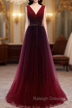 Gradient Beaded Wine Red Tulle Long Party Dress, A-line Wine Red Prom Formal Dresses
