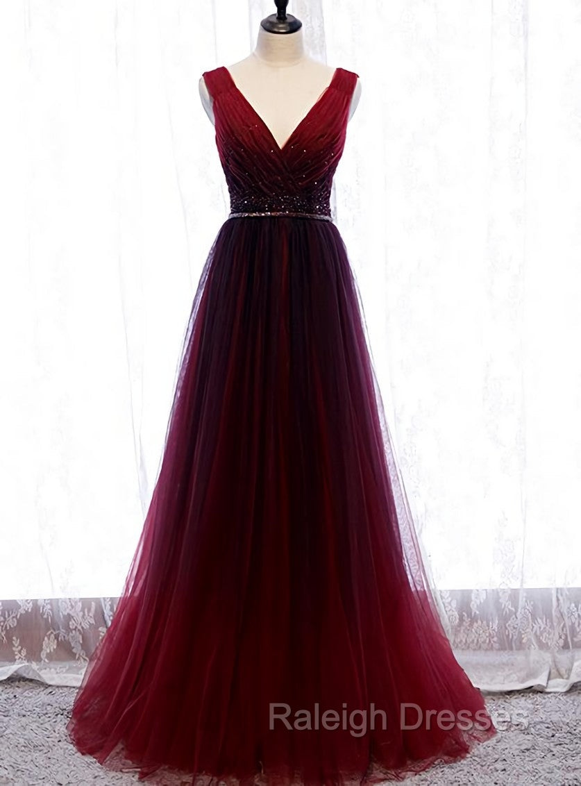 Gradient Beaded Wine Red Tulle Long Party Dress, A-line Wine Red Prom Formal Dresses Main image