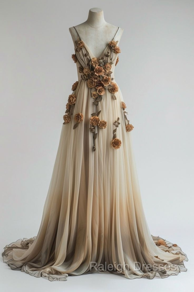 Gradient Champagne V-Neck Chiffon A-Line Prom Dress Three-Dimensional Rose Simple Wedding Dress Secondary image