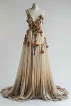 Gradient Champagne V-Neck Chiffon A-Line Prom Dress Three-Dimensional Rose Simple Wedding Dress