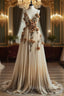 Gradient Champagne V-Neck Chiffon A-Line Prom Dress Three-Dimensional Rose Simple Wedding Dress