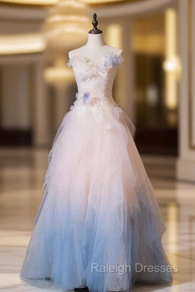 Gradient Color Strapless Tulle A-Line Long Birthday Ball Dresses Beautiful Wedding Dresses Main image