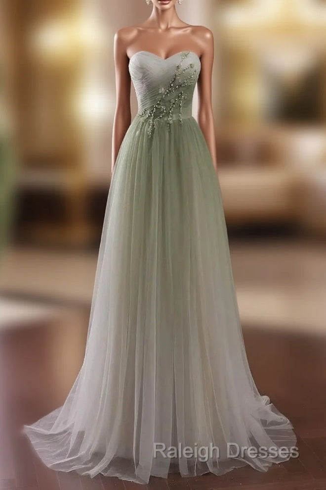 Gradient Light Green Beaded Tulle A-line Party Dress Long Junior Prom Dress prom dresses shops Main image