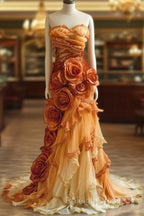 Gradient Orange Mermaid Sweetheart Neck Beaded Long Prom Dress Layered Lace Applique Wedding Dress Evening Dressed01634