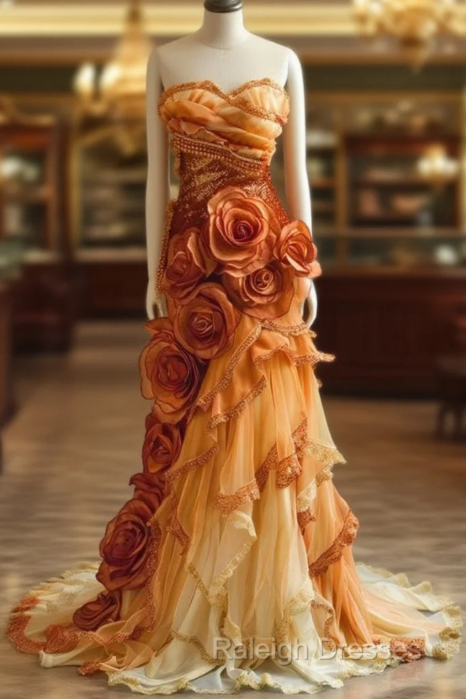 Gradient Orange Mermaid Sweetheart Neck Beaded Long Prom Dress Layered Lace Applique Wedding Dress Evening Dressed01634