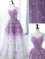 Gradient Purple A-Line Spaghetti Strap Tulle Sequin Long Prom Dress Graduation Prom Dress