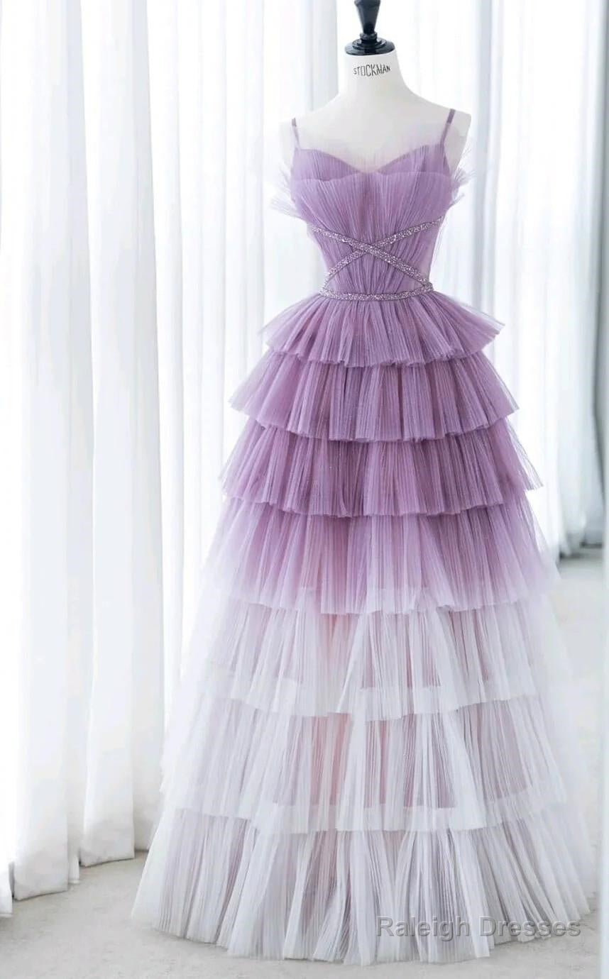 Gradient Purple A-Line Spaghetti Strap Tulle Sequin Long Prom Dress Graduation Prom Dress