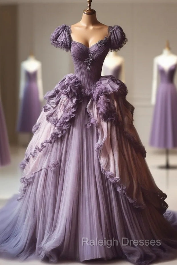 Gradient Purple A-Line Sweetheart Neck Tulle Lace Vintage Long Prom Dress Main image