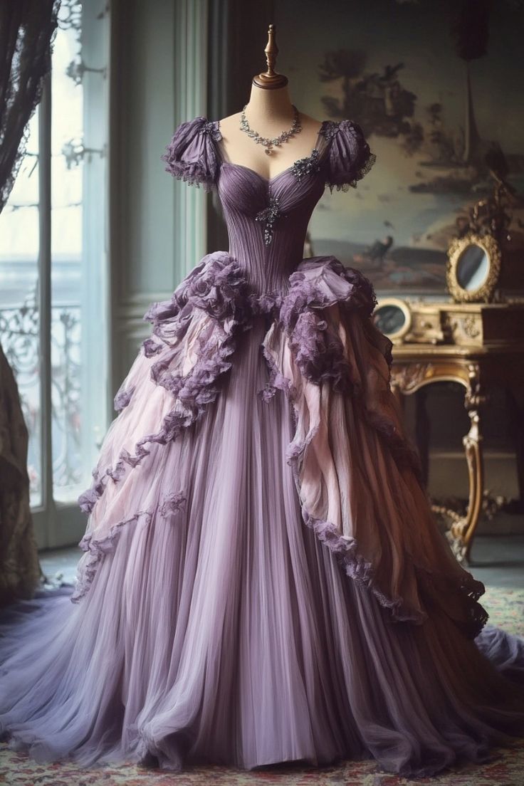 Gradient Purple A-Line Sweetheart Neck Tulle Lace Vintage Long Prom Dresses Main image