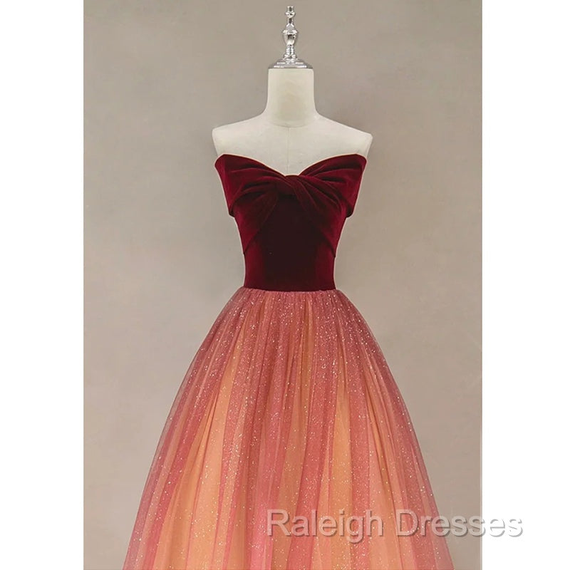 Gradient Red Tulle with Velvet Long Party Dress, Cute Floor Length Formal Dress