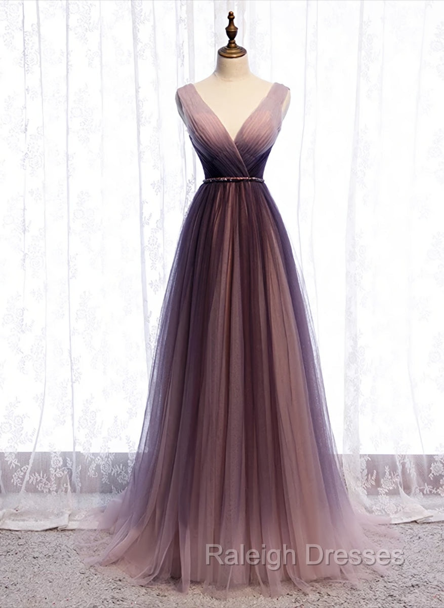 Gradient V-neckline Tulle Long Prom Dress Party Dress, Gradient Evening Gown Main image