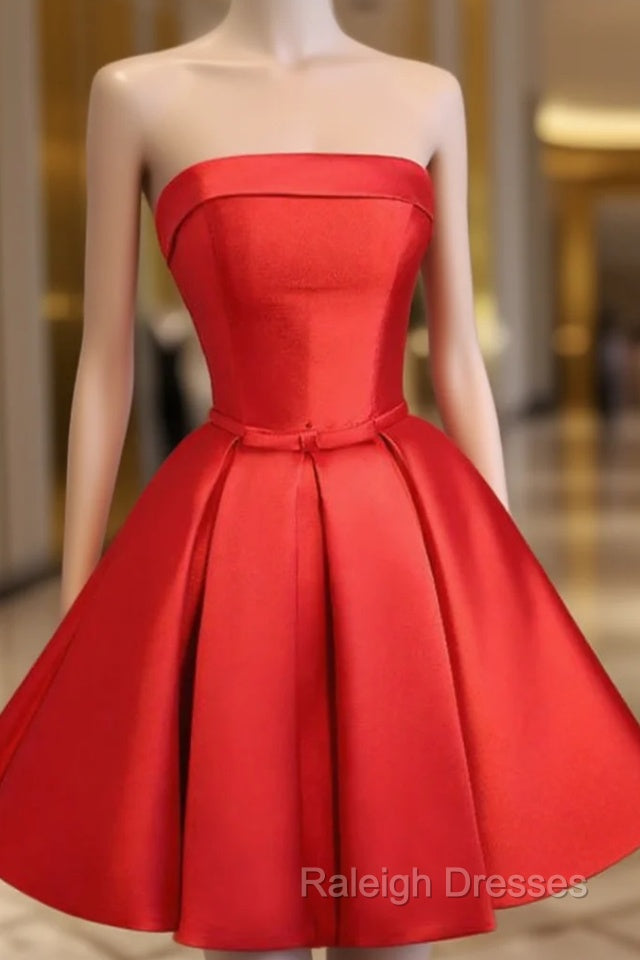 Graduation Dresses Red Satin Short Evening Dress With Ruched Skirt Main image