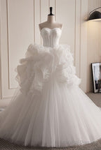 Grand White Ruffled Train Dresses Wedding Dresses Strapless
