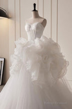 Grand White Ruffled Train Dresses Wedding Dresses Strapless