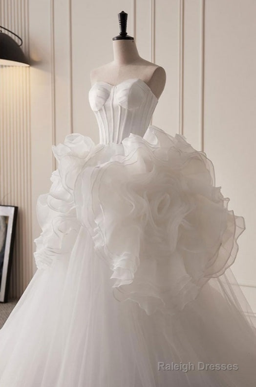 Grand White Ruffled Train Dresses Wedding Dresses Strapless