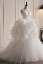 Grand White Ruffled Train Dress Wedding Dress Strapless