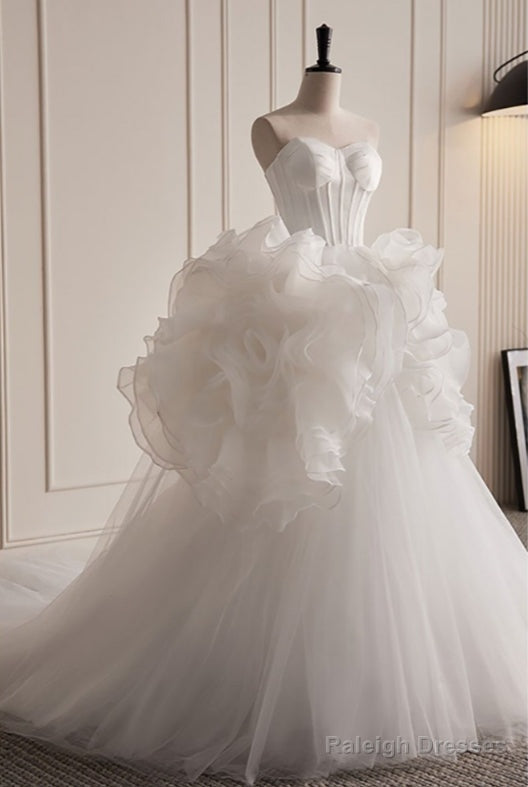 Grand White Ruffled Train Dresses Wedding Dresses Strapless