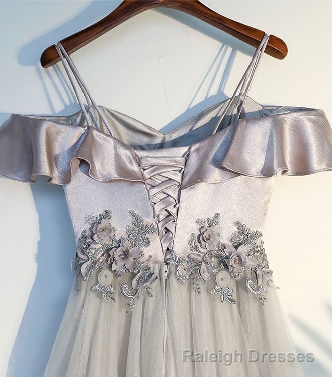 Gray A Line Lace Long Prom Dress, Gray Prom Dress