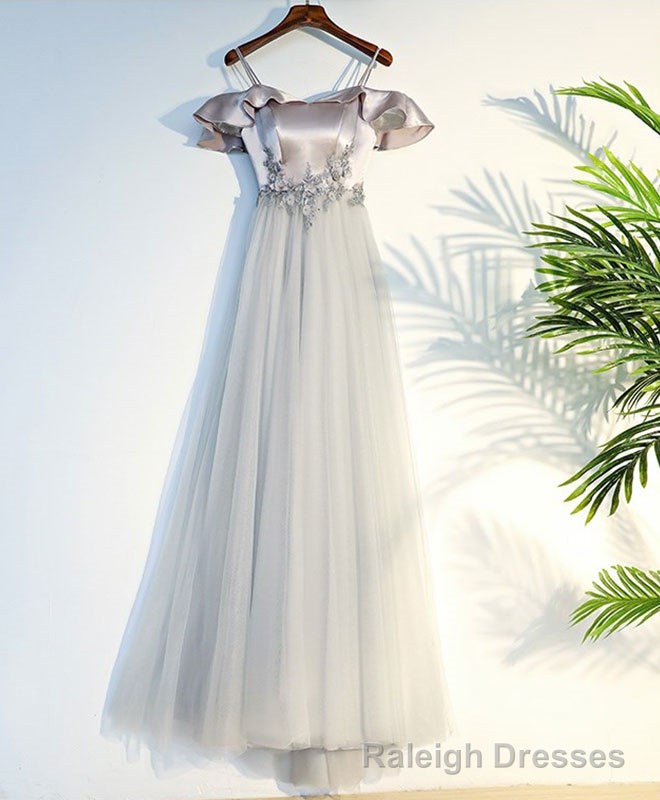 Gray A Line Lace Long Prom Dress, Gray Evening Dress Main image