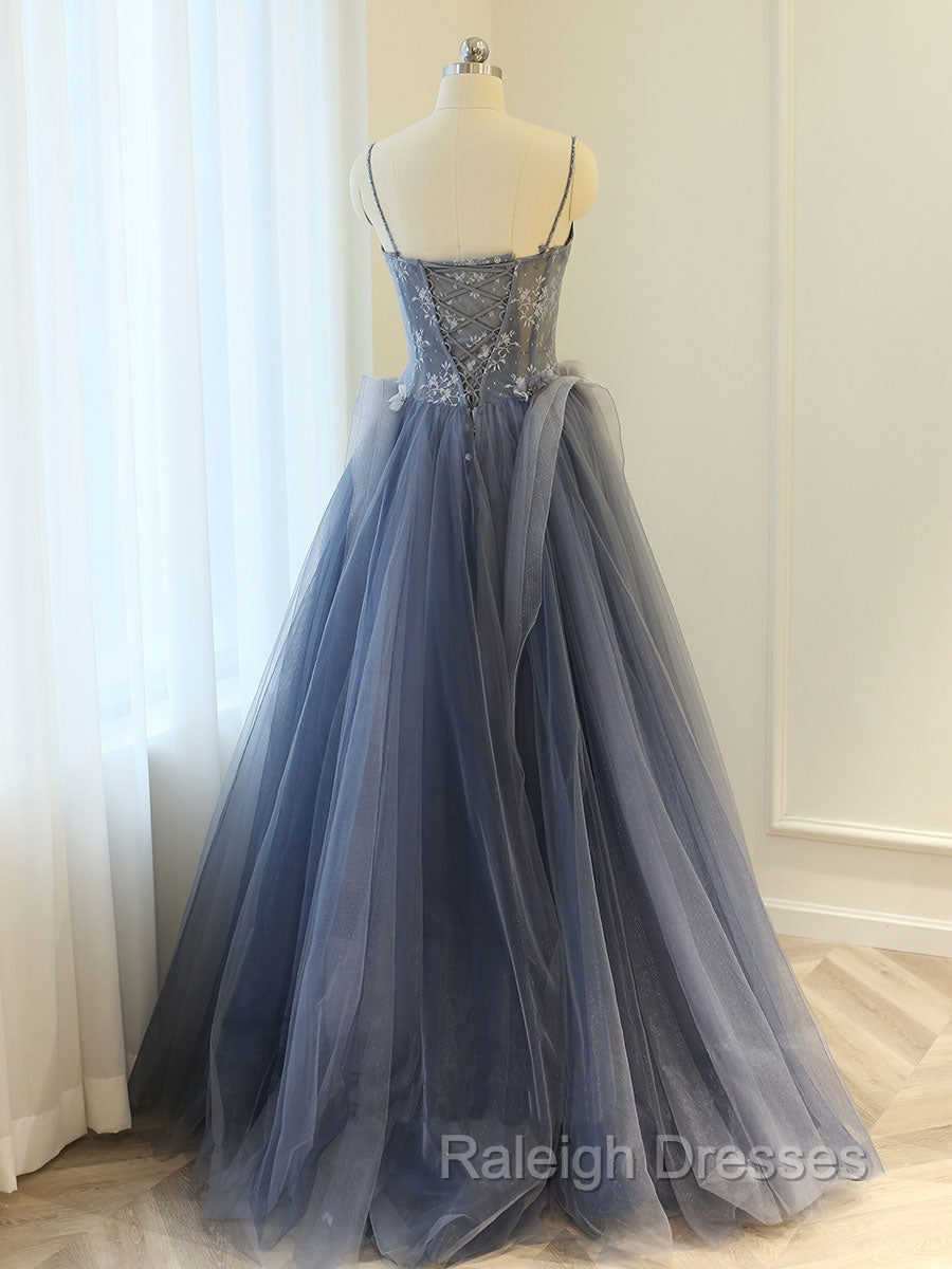 Gray A Line Lace Tulle Long Prom Dress, Gray Formal Evening Dress Secondary image