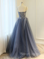 Gray A Line Lace Tulle Long Prom Dress, Gray Formal Evening Dress