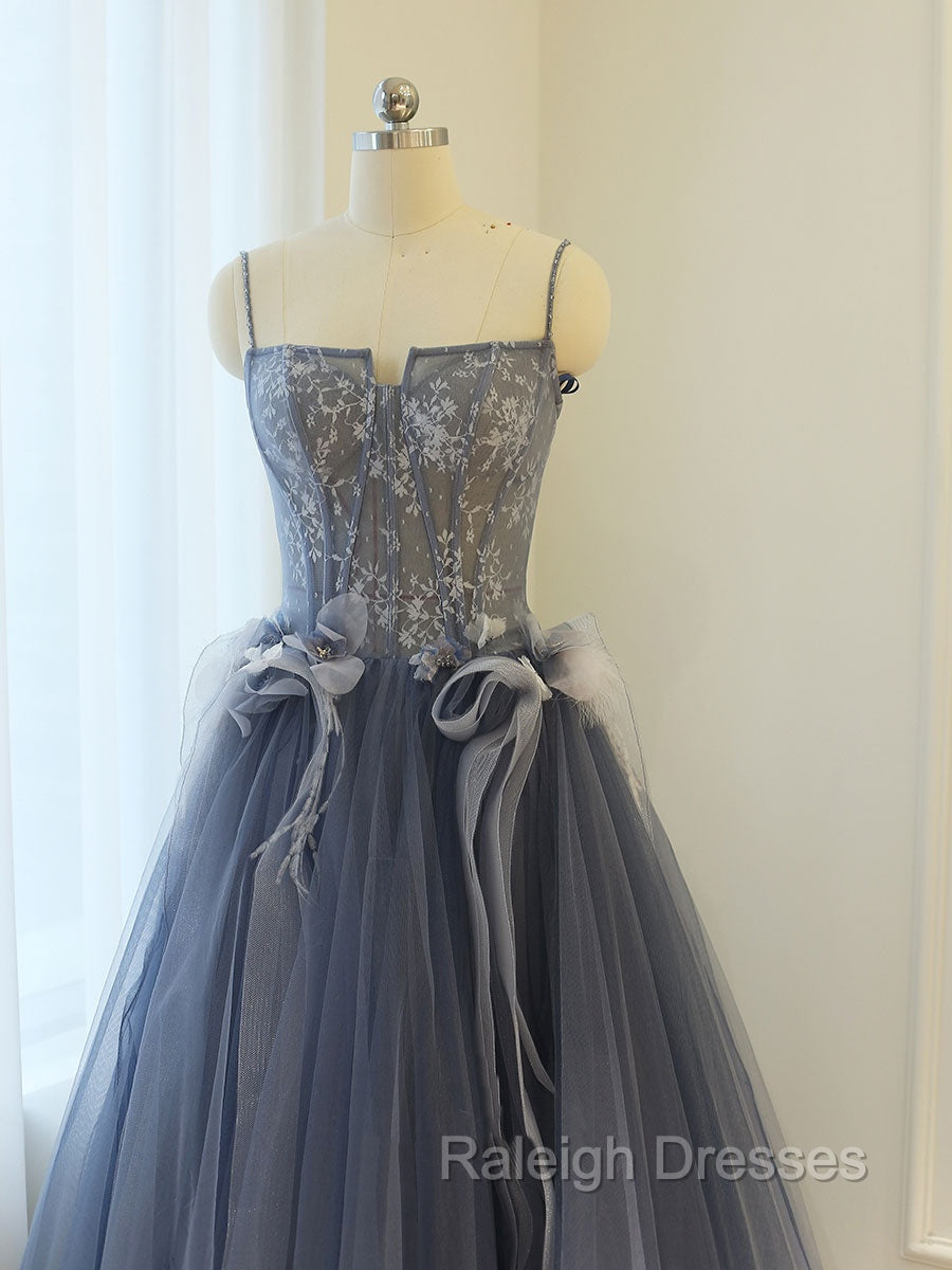 Gray A Line Lace Tulle Long Prom Dress, Gray Formal Evening Dress