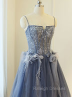 Gray A Line Lace Tulle Long Prom Dress, Gray Formal Evening Dress
