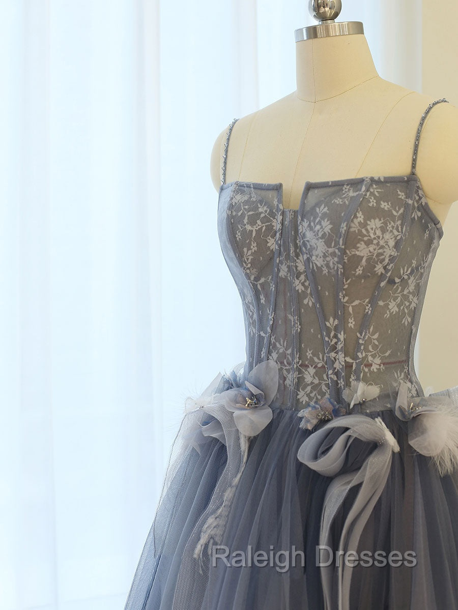 Gray A Line Lace Tulle Long Prom Dress, Gray Formal Prom Dress
