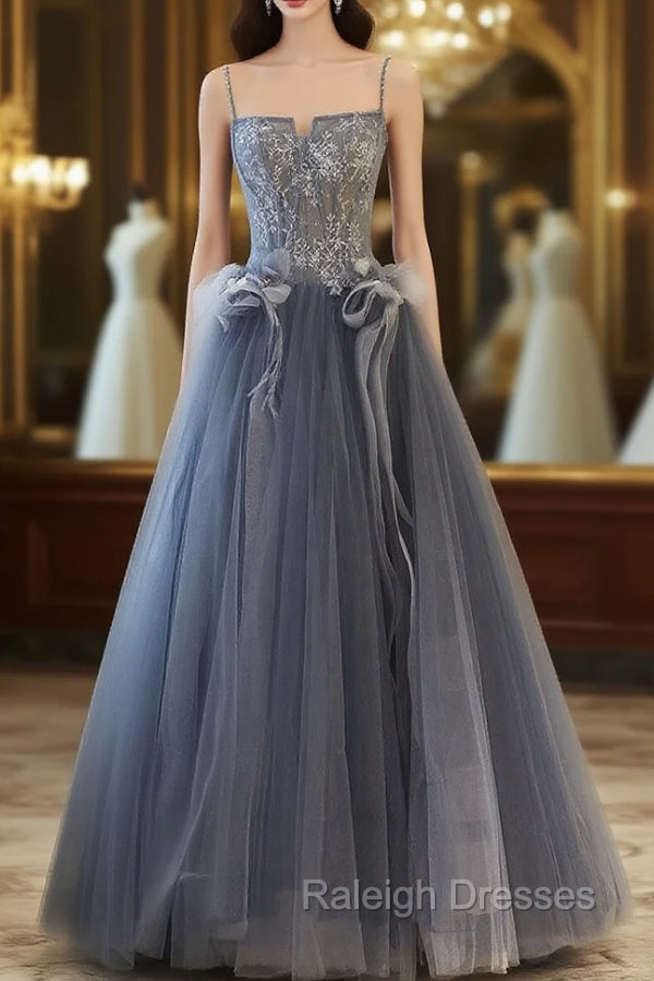 Gray A Line Lace Tulle Long Prom Dress, Gray Formal Evening Dress Main image