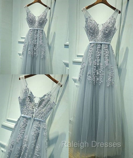 Gray A-Line Lace Tulle Long Prom Dress, Lace Tulle Bridesmaid Dress Main image