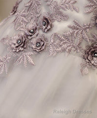 Gray A Line Off Shoulder Tea Length Prom Dress, Lace Homecoming Dress