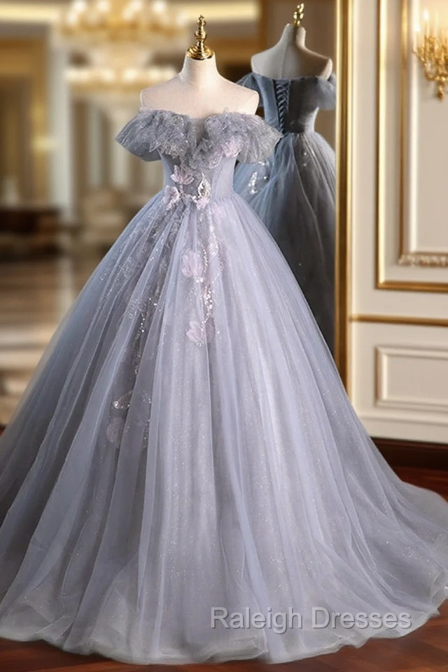 Gray A Line Off the Shoulder Appliques Tulle Long Prom Dress Evening Party Dress Main image