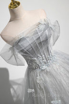 Gray A Line Off the Shoulder Tulle Prom Dresses Lovely Corset Floor Length Prom Dresses