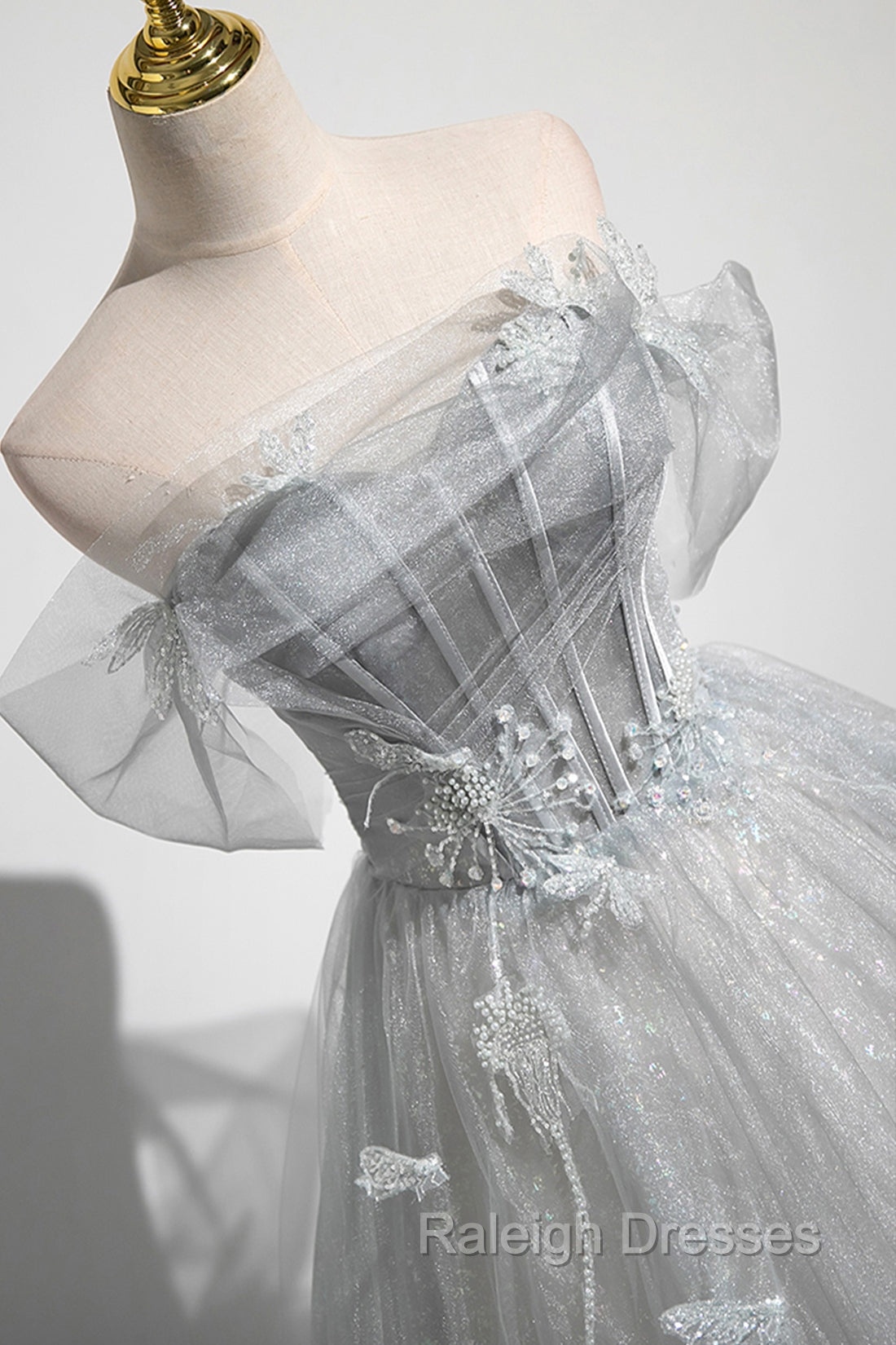 Gray A Line Off the Shoulder Tulle Prom Dresses Lovely Corset Floor Length Prom Dresses