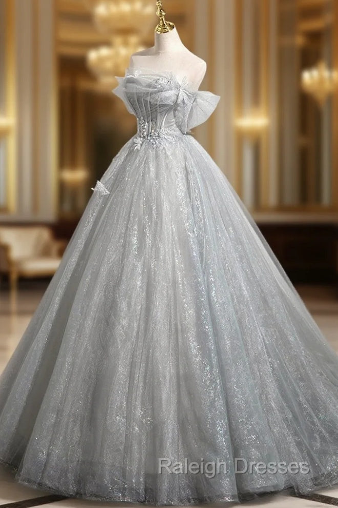 Gray A-Line Off the Shoulder Tulle Prom Dress, Lovely Corset Floor Length Party Dress Main image