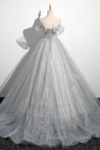Gray A Line Off the Shoulder Tulle Prom Dresses Lovely Corset Floor Length Prom Dresses