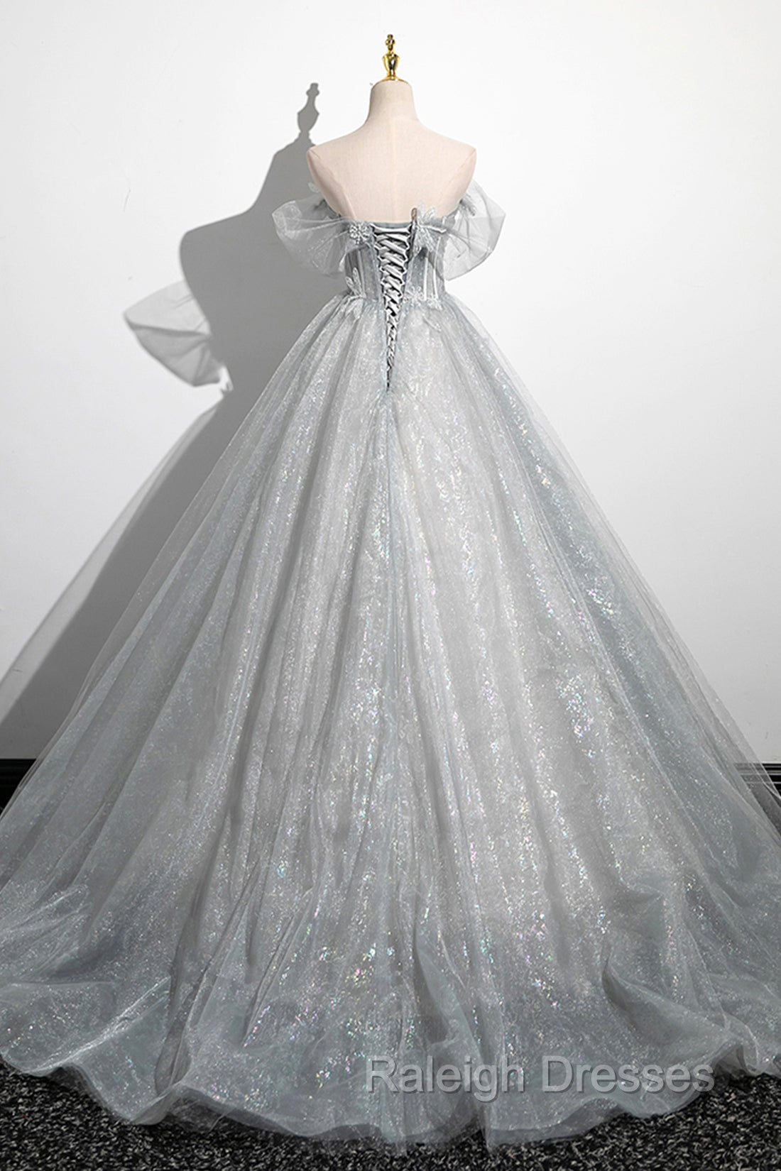 Gray A Line Off the Shoulder Tulle Prom Dresses Lovely Corset Floor Length Prom Dresses