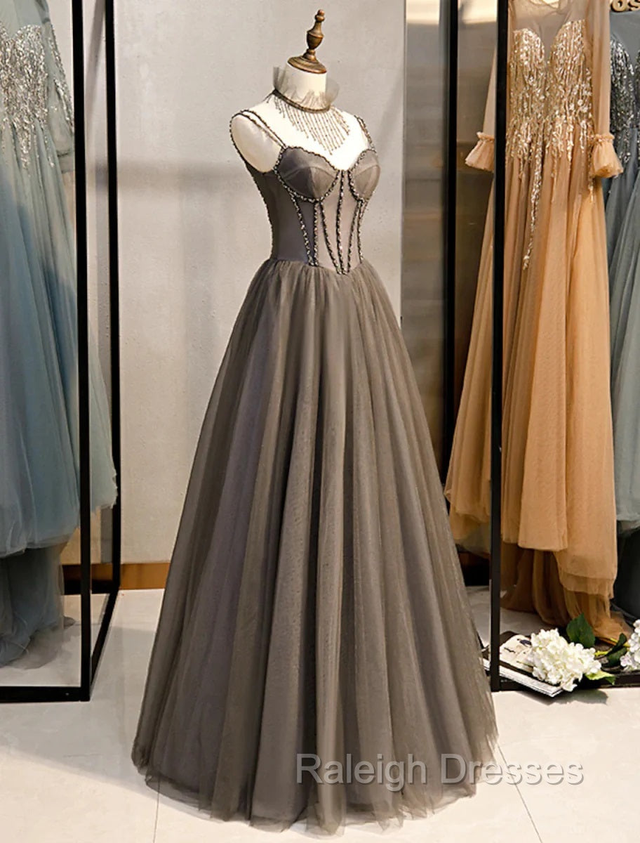 Gray A-Line Prom Dresses Open Back Dress Formal Wedding Party Floor Length Sleeveless Spaghetti Strap Tulle with Pleats Crystals Secondary image