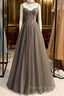 Gray A-Line Prom Dresses Open Back Dress Formal Wedding Party Floor Length Sleeveless Spaghetti Strap Tulle with Pleats Crystals