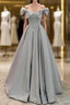 Gray A-Line Satin Long Prom Dress, Gray Formal Evening Dress