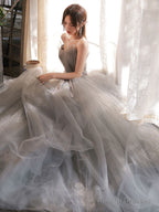 Gray A Line Tulle Lace Long Prom Dress Gray Formal Dress