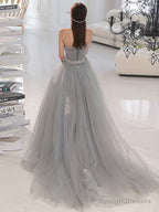 Gray A-Line Tulle Lace Prom Dresses Long Gray Prom Dresses